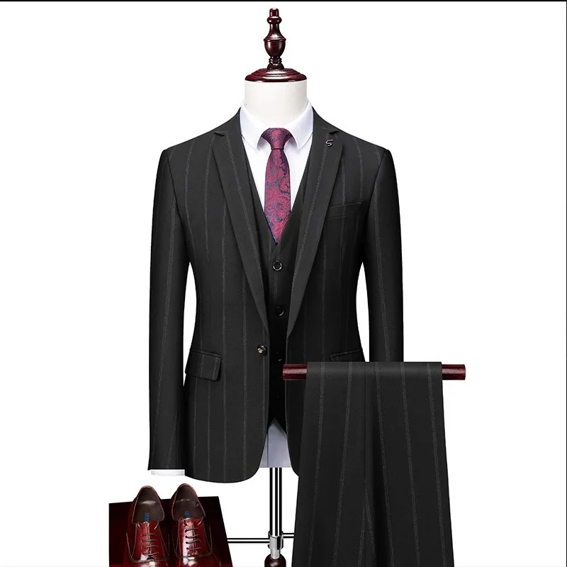 

Newly Arrived Men Business Striped Suit 3 Piece Black / Gray Wedding Party Groom Tuxedo Male Slim Fit Single Breasted Clothing