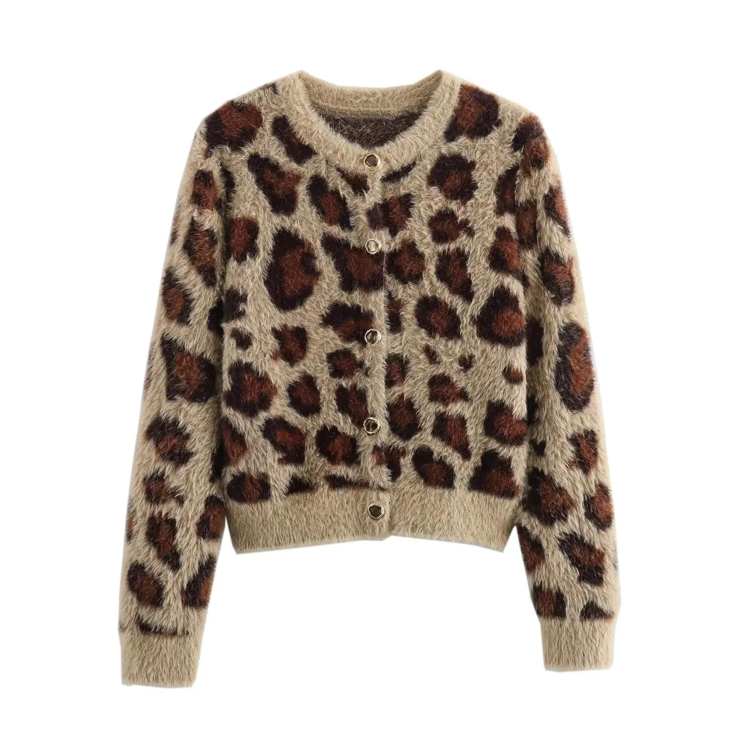 JACQUARD FAUX FUR KNIT CARDIGAN traf winter new leopard print jacquard skin-friendly knit short round neck cardigan for women