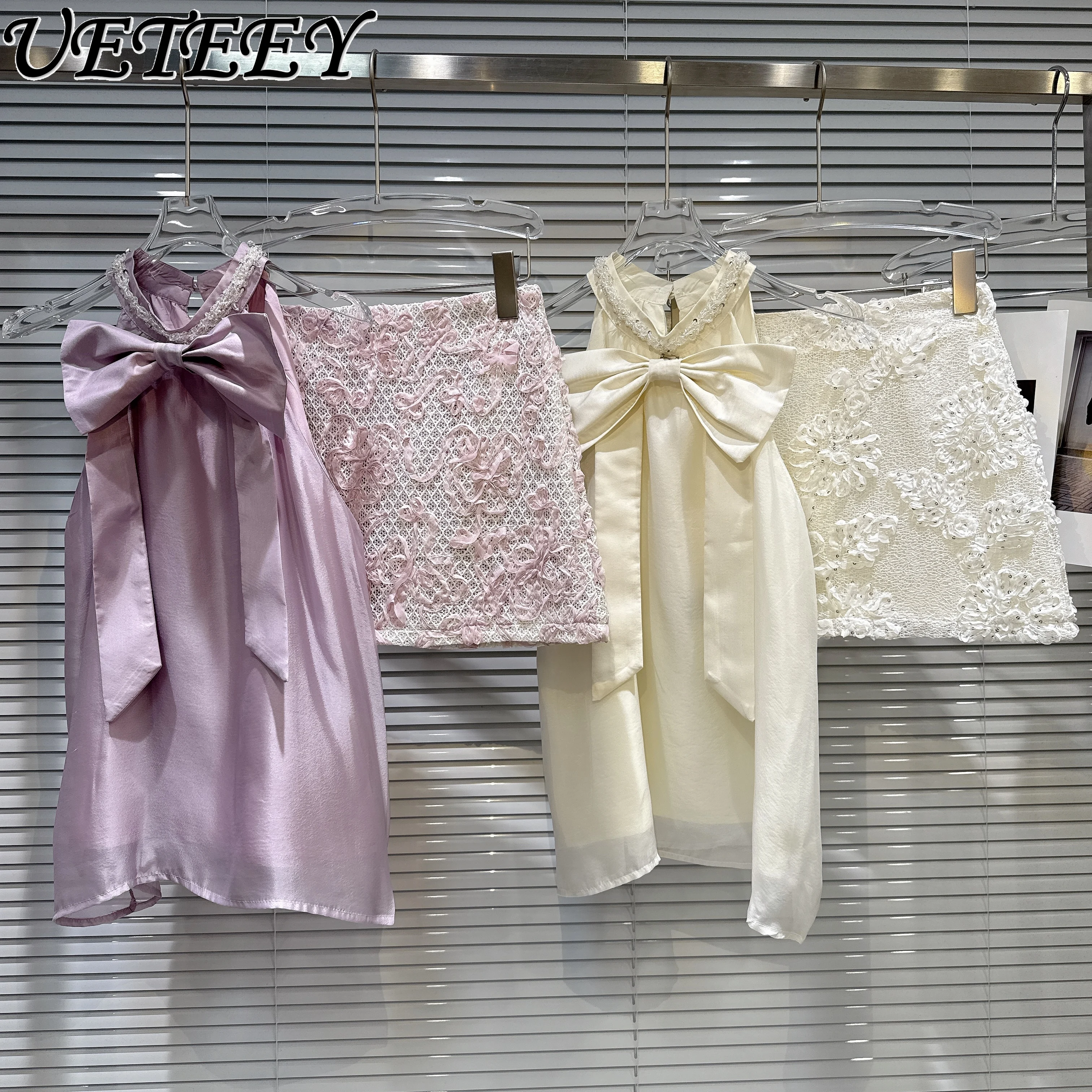 

2025 Summer New French Celebrity Bow Strap Chiffon Vest Top Female Fashion Hook Short Mini Skirt Set 2 Piece Sets Womens Outfits