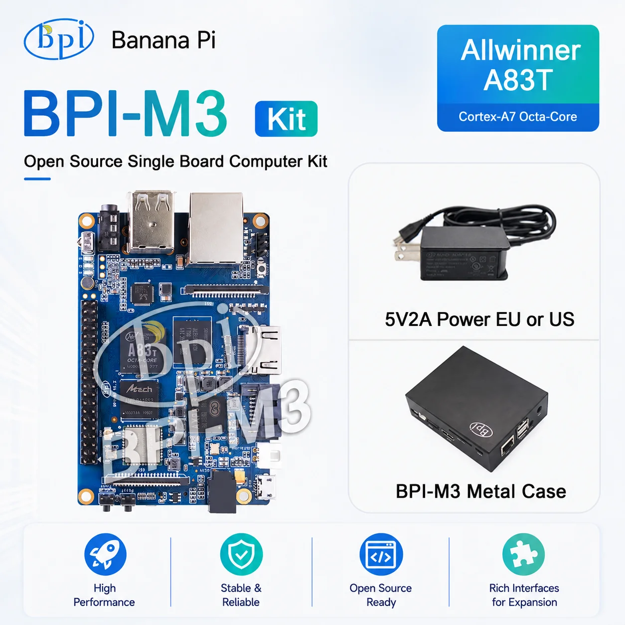 Banana Pi BPI-M3 avec boîtier, alimentation, processeur Allwinner A83T Octa-core Cortex-A7, 2 Go de LPDDR3, 8 Go de eMMC, avec prise en charge du Wi-Fi, du Bluetooth, de la carte SD, SATA 2.0