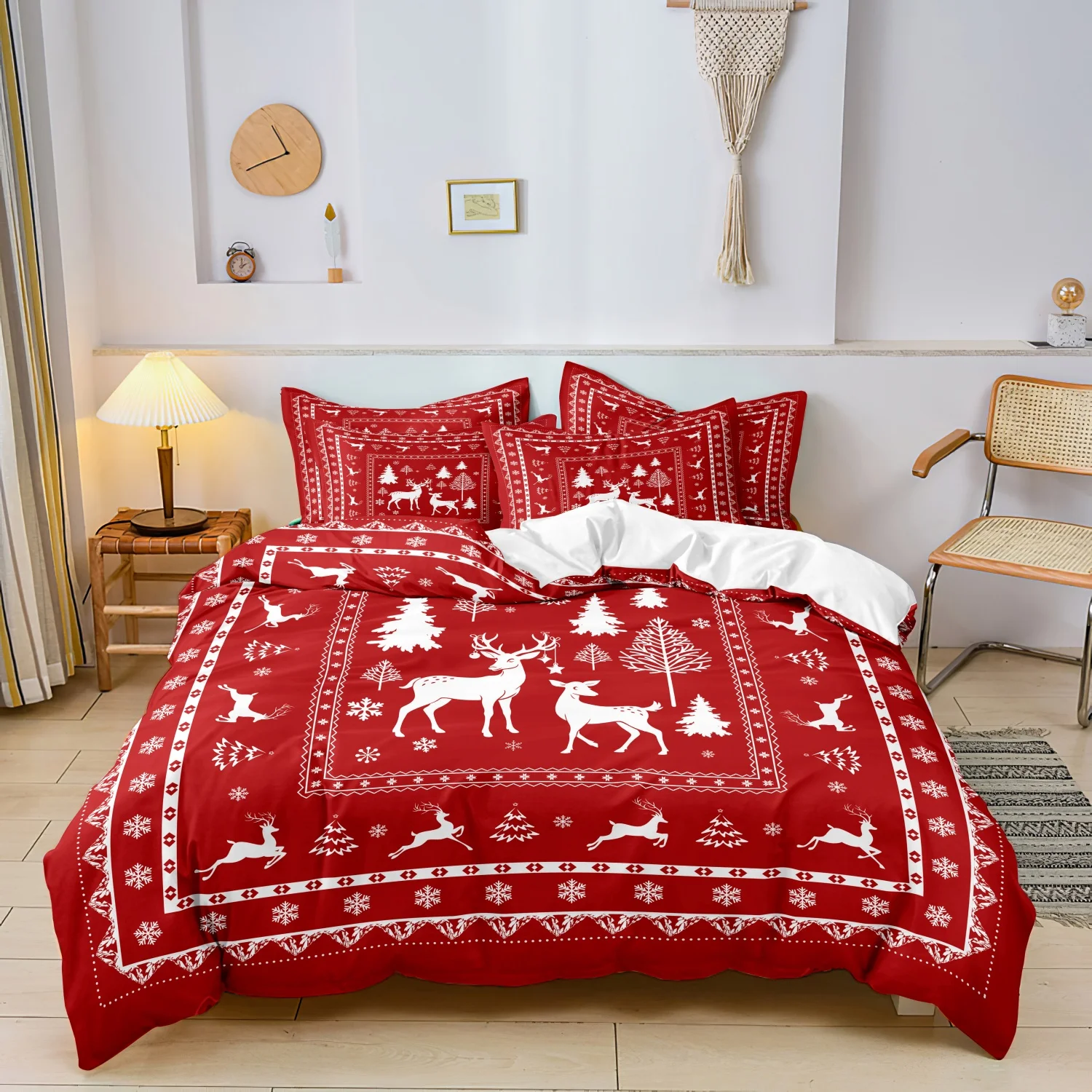 3Pcs Christmas Reindeer Duvet Cover Set, Red & White Elk Christmas Tree and Snowflake Border Pattern Bedding