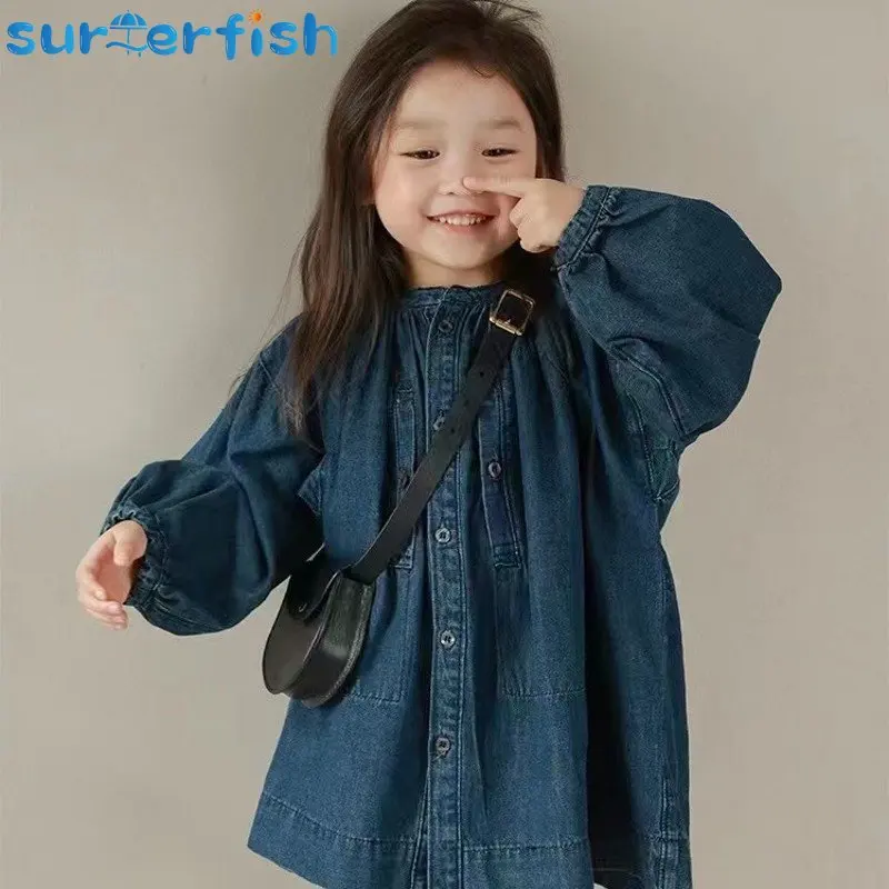 2023 NEW Denim Dress For Kids 2-8Y Fashipn Dress Casual Wear with Leather bag Jean Top Children