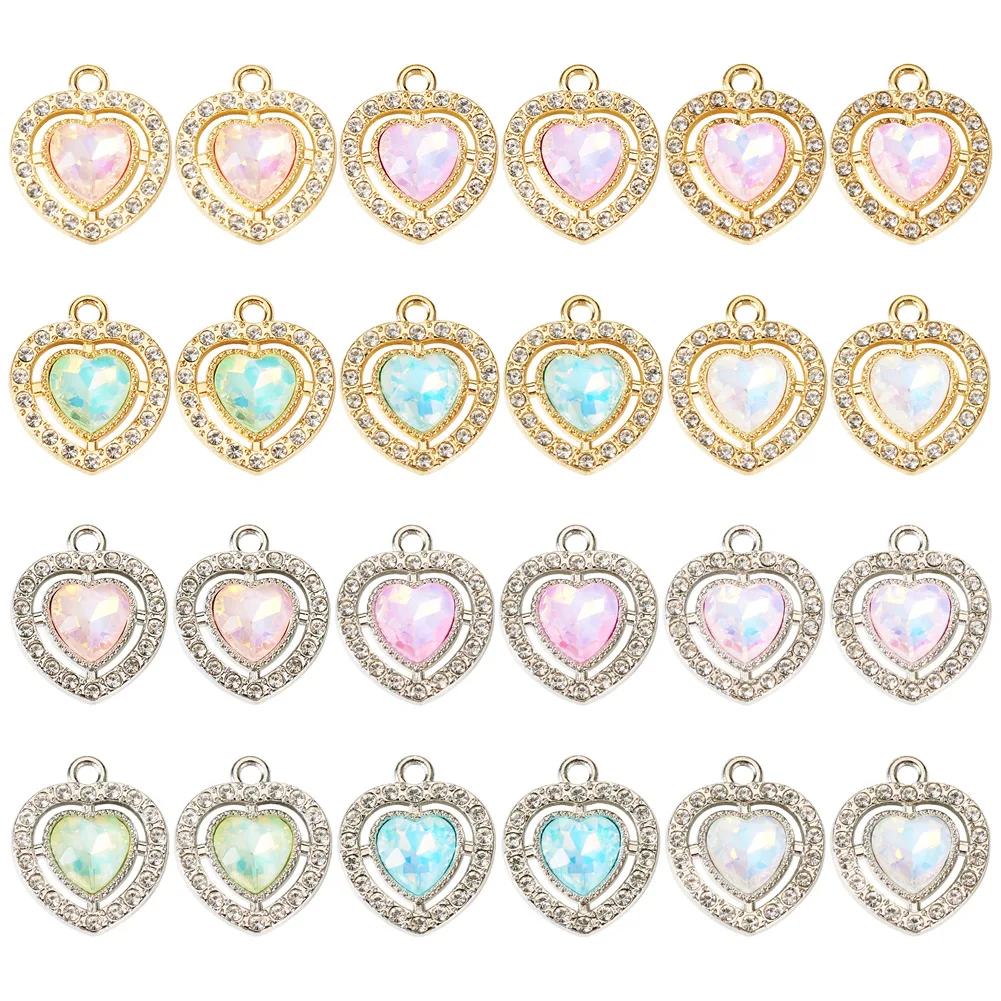 24Pcs Love Heart Glass Crystal Pendant Colorful Rhinestone Golden Plated Charms for DIY Earring Necklace Jewelry Making Supplies