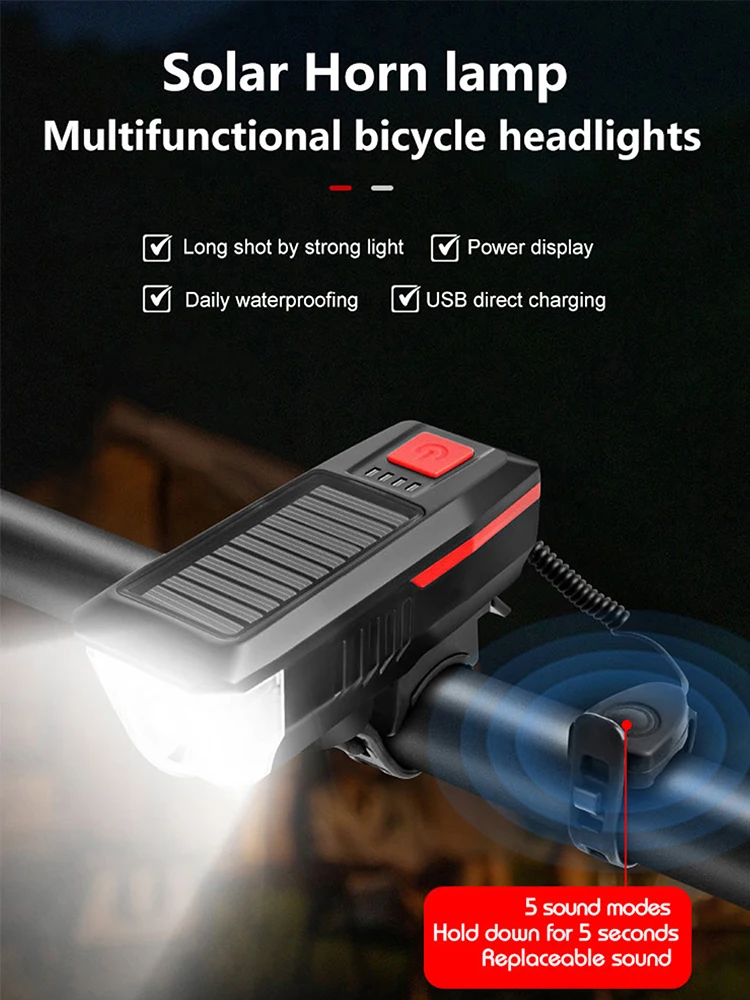 AliExpress NONE 3 Modes Solar Bicycle Front Light With Horn USB Rechargeable Led Mountain Bicycle Lamp Bell Headlight Bike Light