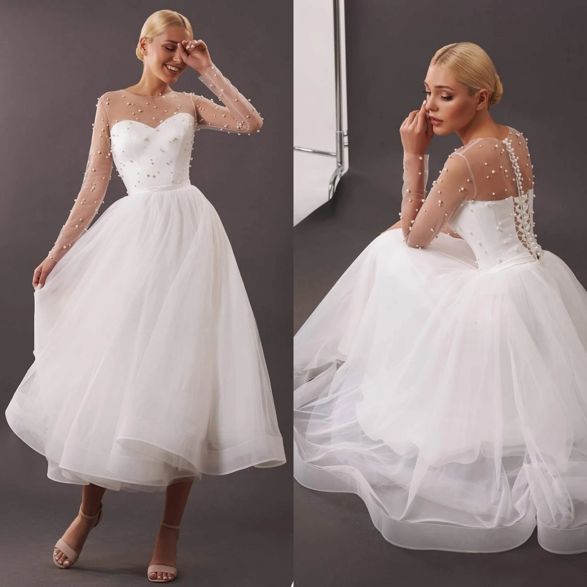 

Customized White Tulle Luxury Wedding Dress Simple Long Sleeves Exquisite Pearls High Quality Bridal Party Charming Bridal Gowns