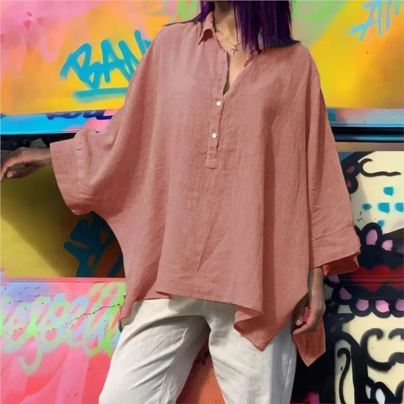 Kemeja Linen Katun Longgar Wanita; Atasan Besar Lengan Sayap Kelelawar Modis Blus Warna Polos Kasual Musim Semi Musim Gugur dan Atasan Wanita