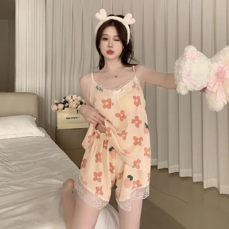 Sleeveless Suspenders Shorts Pajamas Female Summertime Can Be Worn Outside Dormitory Refreshing Two-piece Suit Loungewear 100KG