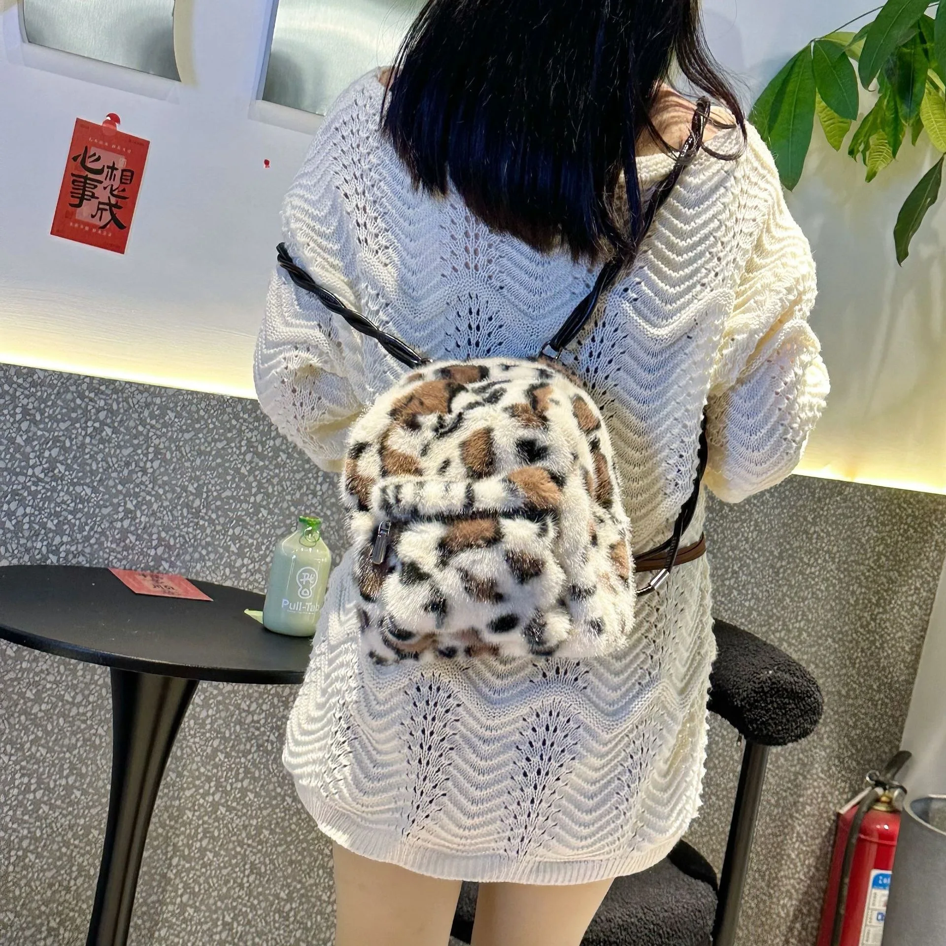 Women Leopard Print Faux Fur Mini Backpack Winter Fluffy Plush Small Daypack Cute Shoulder Bag Y2K Casual Travel Purse
