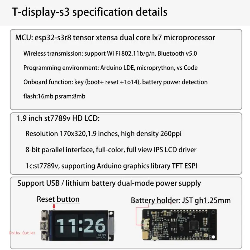 T-Display-S3 Development Board WIFI Bluetooth-Compatible5.0 Module 1.9in