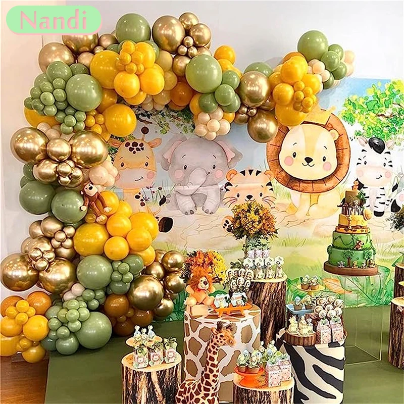 

112PCS Jungle Safari Theme Balloon Garland Arch Kit - Green and Orange Animal Decorations Suitable for Birthday Parties Weddings