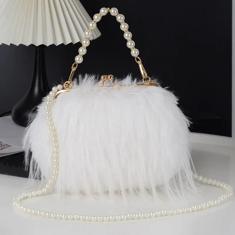 Designer Women's Handbag with Tassel Luxury Plush Evening Bags with Pearl Chain Ladies Purse Tote Bag Fashion Crossbody Bag