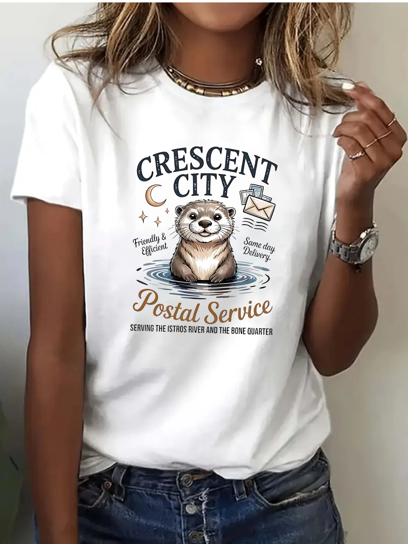 Ladies' Summer Round Neck Short sleeved T-shirt Cute Otter New Moon Envelope Cartoon Pattern T-from New Moon City Postal Service
