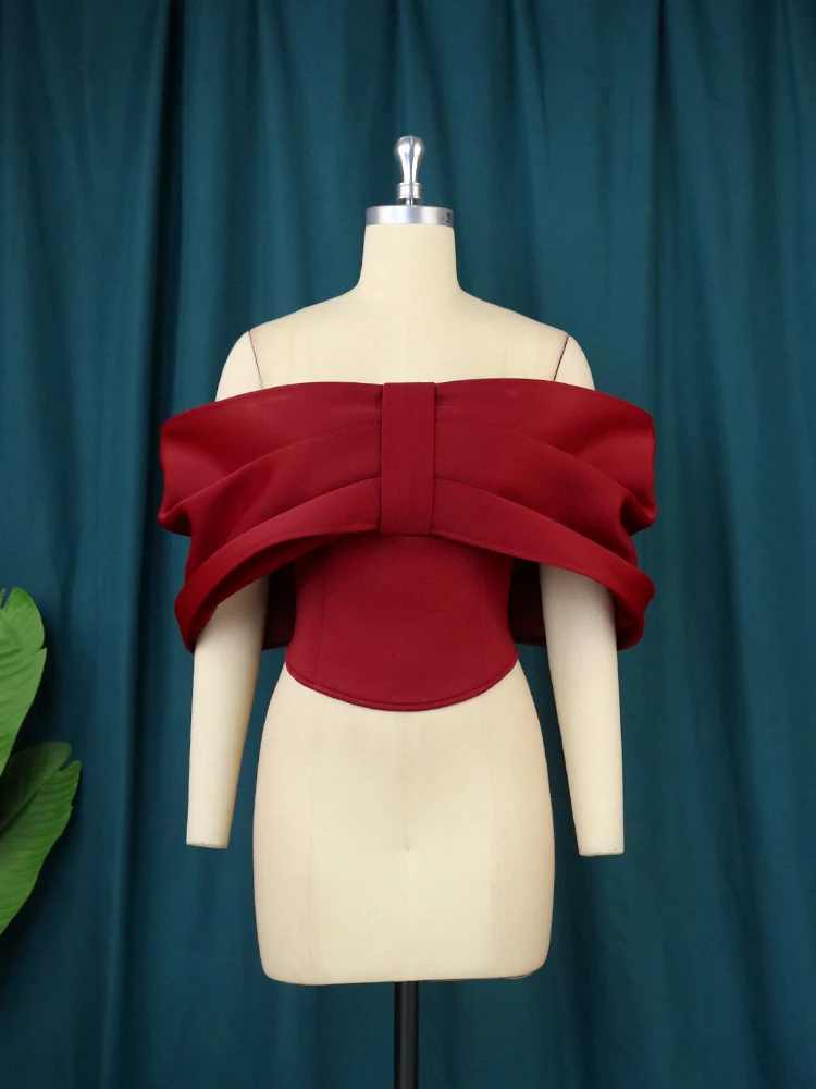 Strapless Tops Plus Size Red Off Shoulder Ruffles Bowtie Short Crop Top Slim Fit Evening Birthday Christmas Curvy Women Blouses