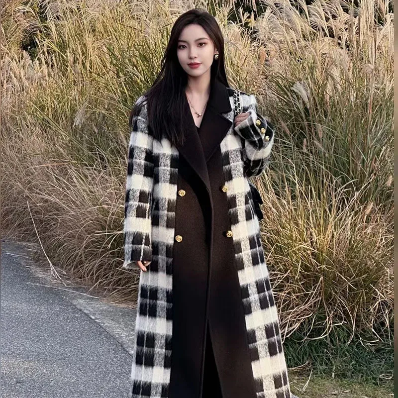 

Vintage Black White Plaid Striped Woolen Coats 2024 Women's Winter New Korean Long Woolen Overcoat Fashion Button Outwear Female