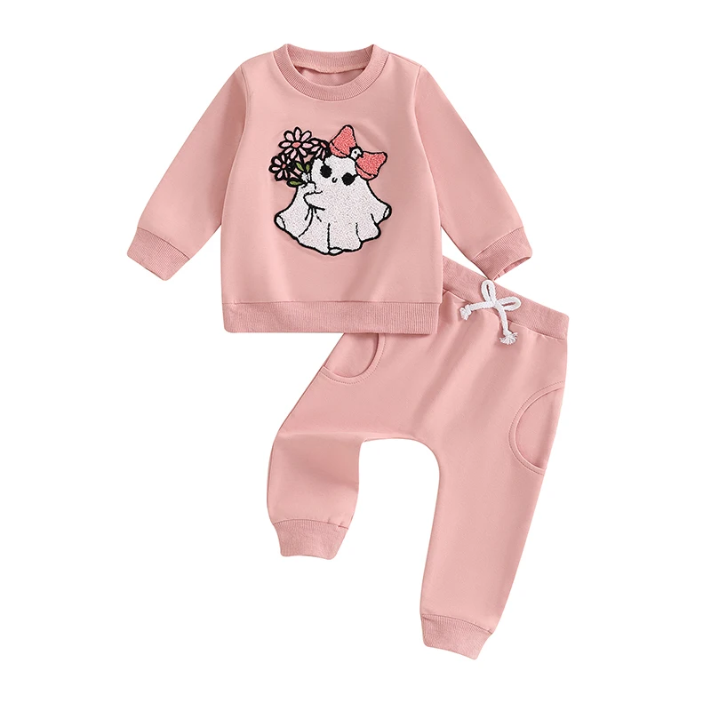 

Toddler Girl Halloween Outfits Ghost Fuzzy Embroidery Long Sleeve Sweatshirts Long Pants 2Pcs Fall Clothes Set