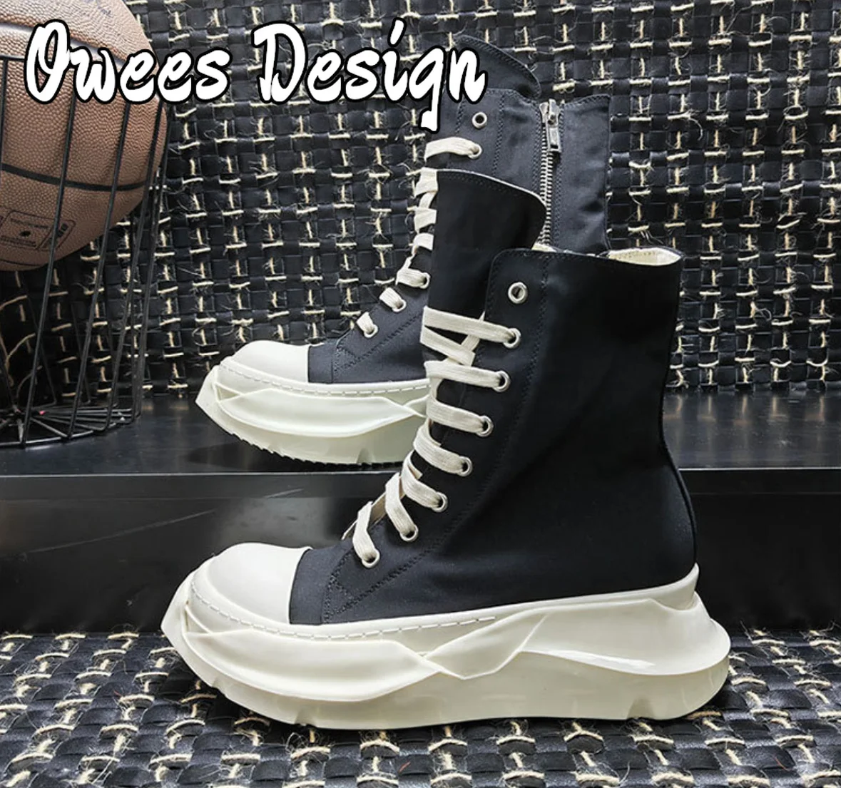 Owees Design High Top Shoes Women Brand Canvas Shoes Men Round Toe Thick Sole Increased Street Casual Sneakers Ankle Boots Men