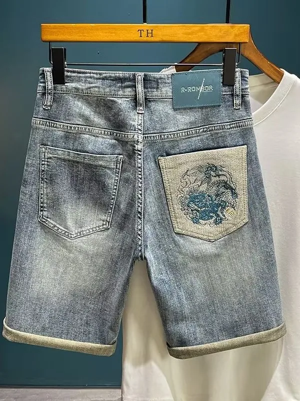 

Летние тонкие джинсы высокого класса с вышивкой, мужские прямые брюки с пятью точками, модные джинсы из 5 предметов, повседневные брюки