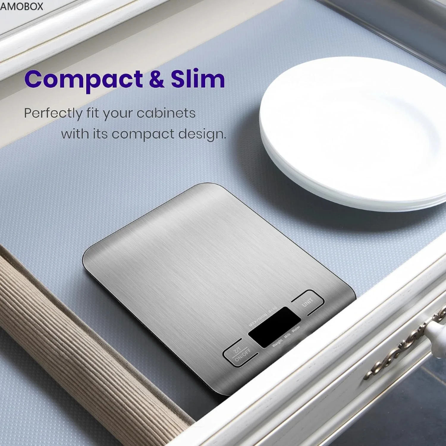 ميزان الطعام AMOBOX، ميزان المطبخ الرقمي، 304 من الفولاذ المقاوم للصدأ، الوزن في جرام وأونصة الخبز، الطبخ، إعداد الوجبات، شاشة LCD