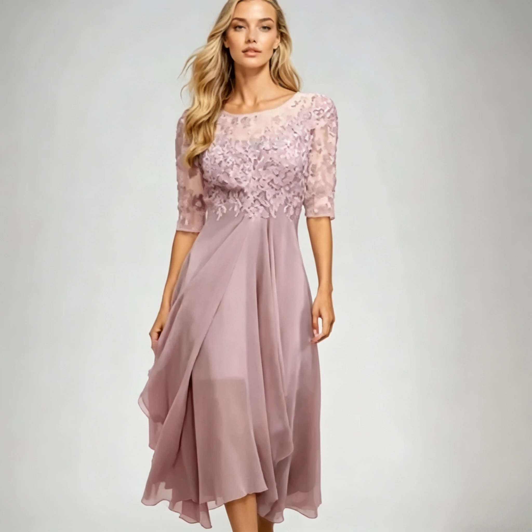 Evening Midi Dress Illusion Neck Floral Lace Embroidered Elbow Sleeves Flowy Draped Chiffon Skirt Formal Wedding Guest Dresses