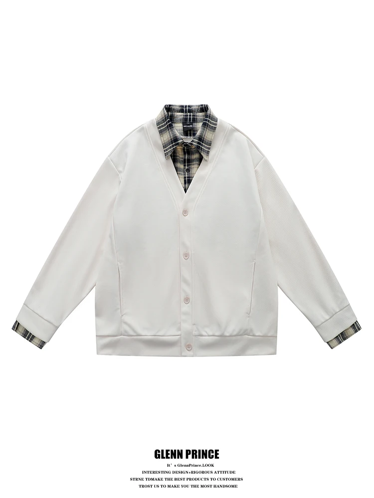 

Повседневный мужской кардиган-обманка с отложным воротником в клетку, имитация двухслойности, с длинными рукавами, для повседневной носки, из полиэстера, осенний