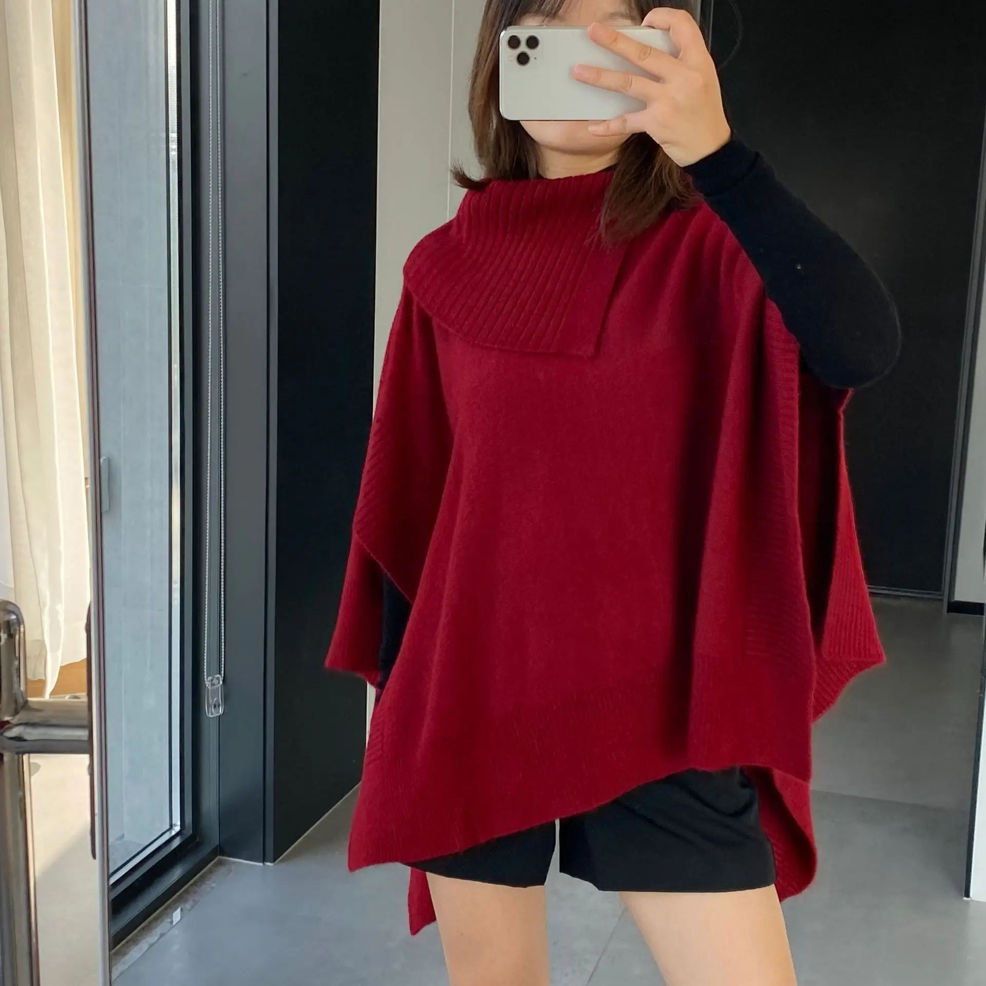 SuperAen Solid Color Scarf Collar Asymmetrical Design Fashion Sweater Shawl Korean Style Thick Pullover Casual Loose Sweaters