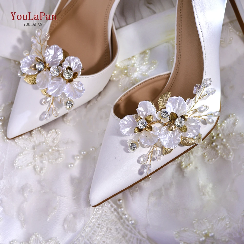 YouLaPan 2PC Crystal Pearls Wedding Shoes Decorations Shell Flower Shoes Clip Handmade Removable Wedding Metal Clamp HX65