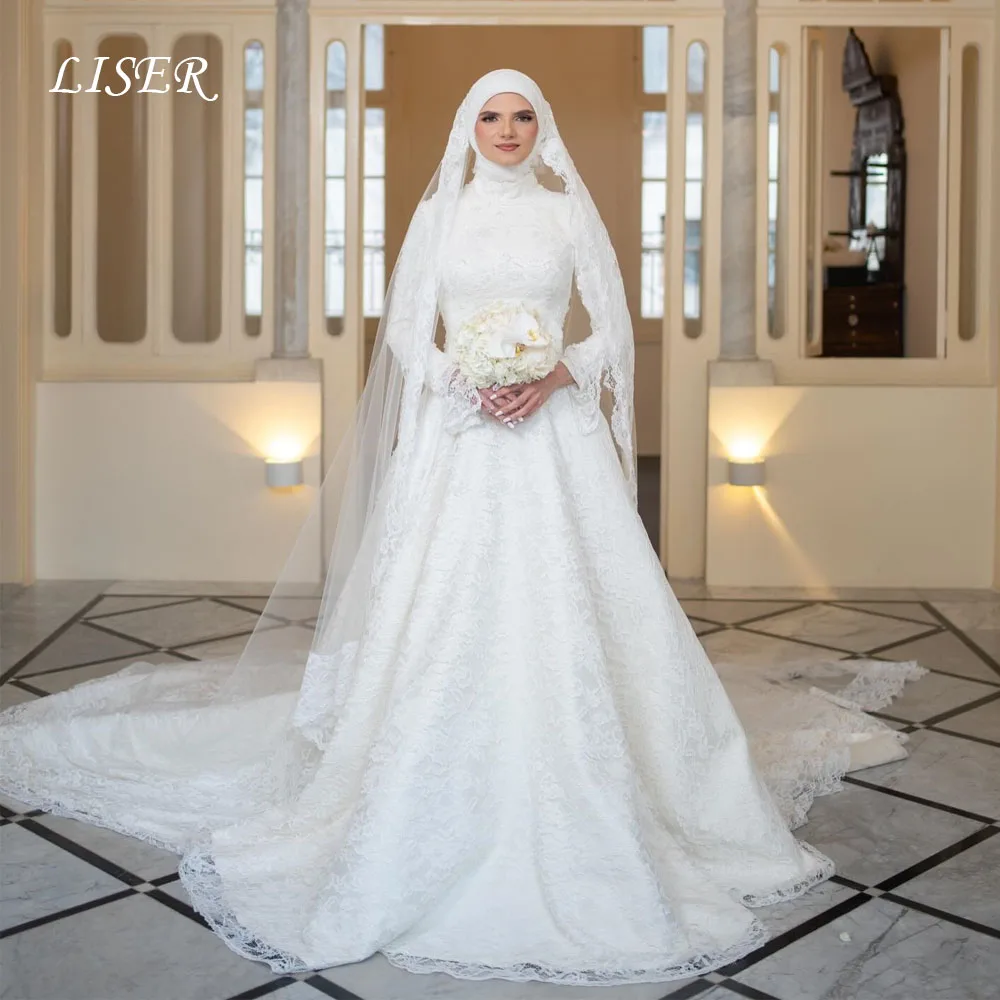 Liser High Neck A-Line Wedding Dresses Full Sleeves Silk Lace Customized Bridal Gowns Arabia Marriage Dress Muslim Bride