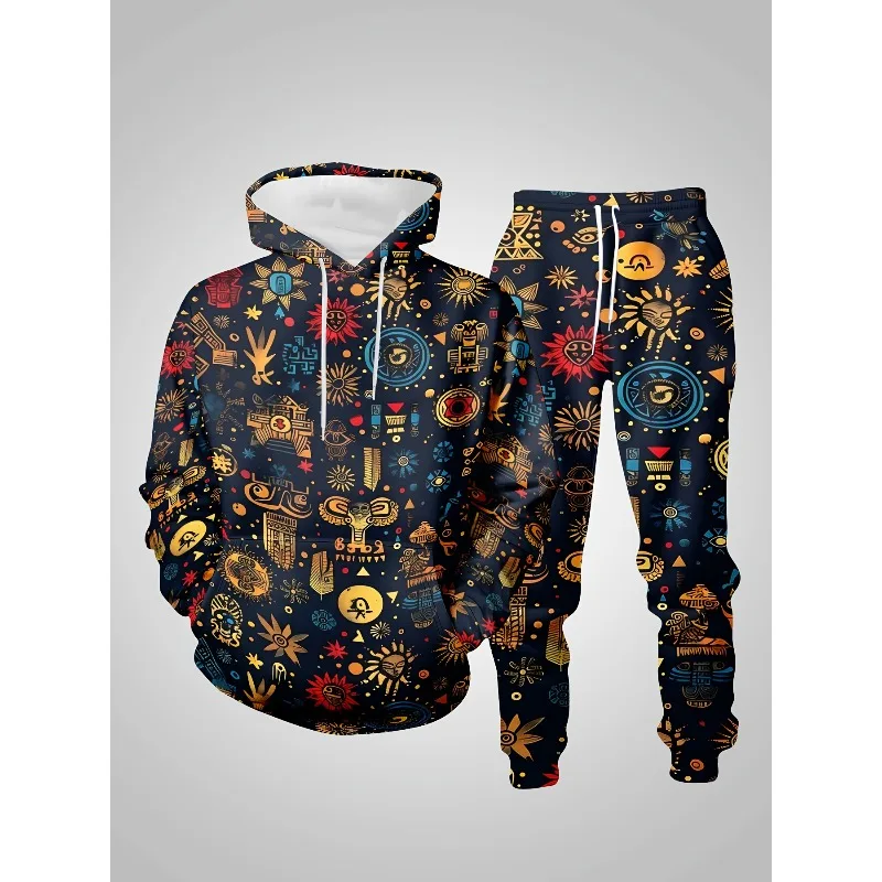 

2025 Men's Street Hip Hop Style 3D Color Printed Hoodie Sports Pants Set Fashionable Loose Pants