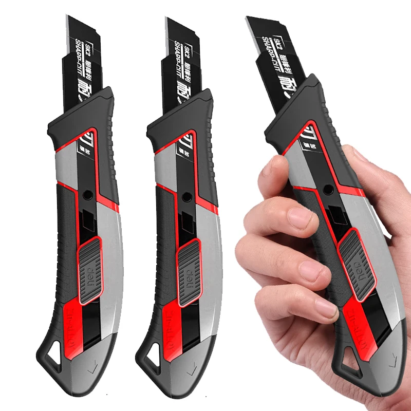 DELI 3 Pack Utility Knife Set Cutter Retractable, Compact Box Knife for Cartons, Cardboard and Boxes, with 18mm Wider Blade