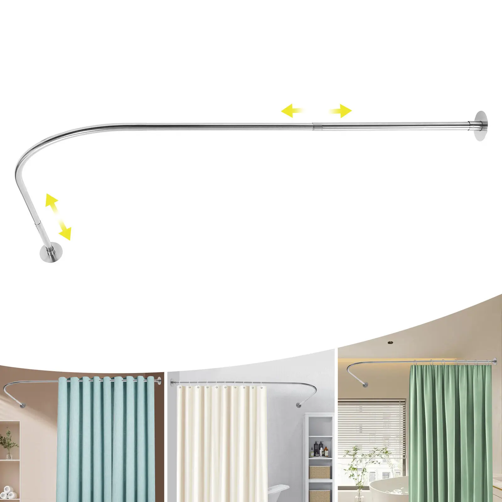 Silver Color Shower Curtain Rail, Adjustable Shower Curtain Angle Rod, Wall Mount Shower Rod for Bathroom Bathtub