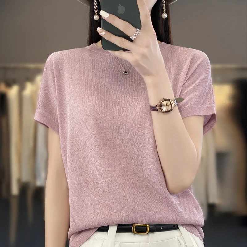 Summer round neck bright silk short sleeve sweater female loose sweet fashion high-end solid color ice silk half sleeve T-shirt