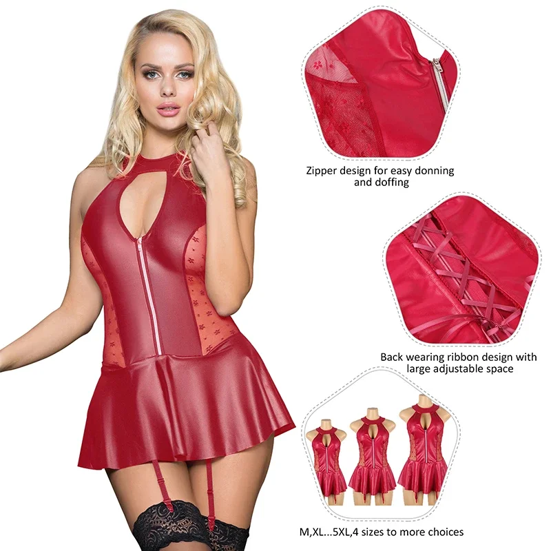 Comeon dear sexy nacht kleding plus größe kunstleder latex dessous porno ausgefallene nachtschlaf kleid pvc wet look gekreuzte nachtwäsche