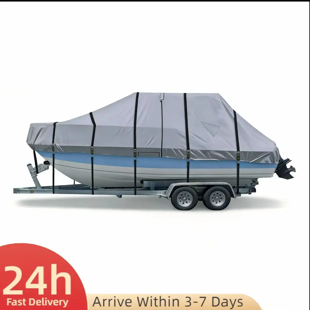 

1200D Trailerable Center Console Boats Covers with 18 Tie Down Strap Waterproof Yacht Protector UV-Proof For Protecting Roof