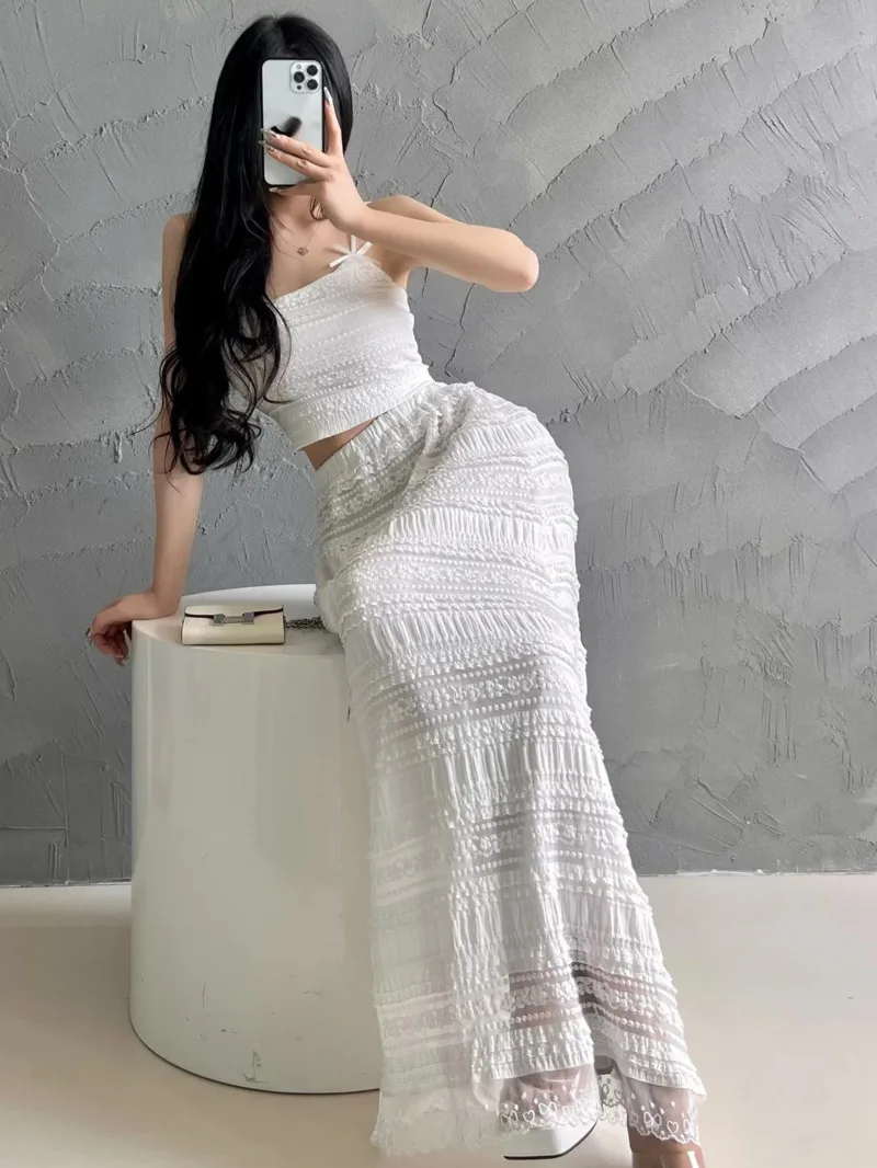 

French Sweet Lace Bow Strap Tank Top Elastic Waist Pure Desire Style Lace Cake Skirt Set Sweet Summer Women Set 6CKZ