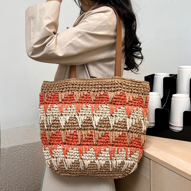 

Дизайнерская соломенная сумка для женщин, вязаная сумка контрастного цвета, брендовая летняя пляжная сумка на плечо, вместительная сумка-тоут с верхней ручкой