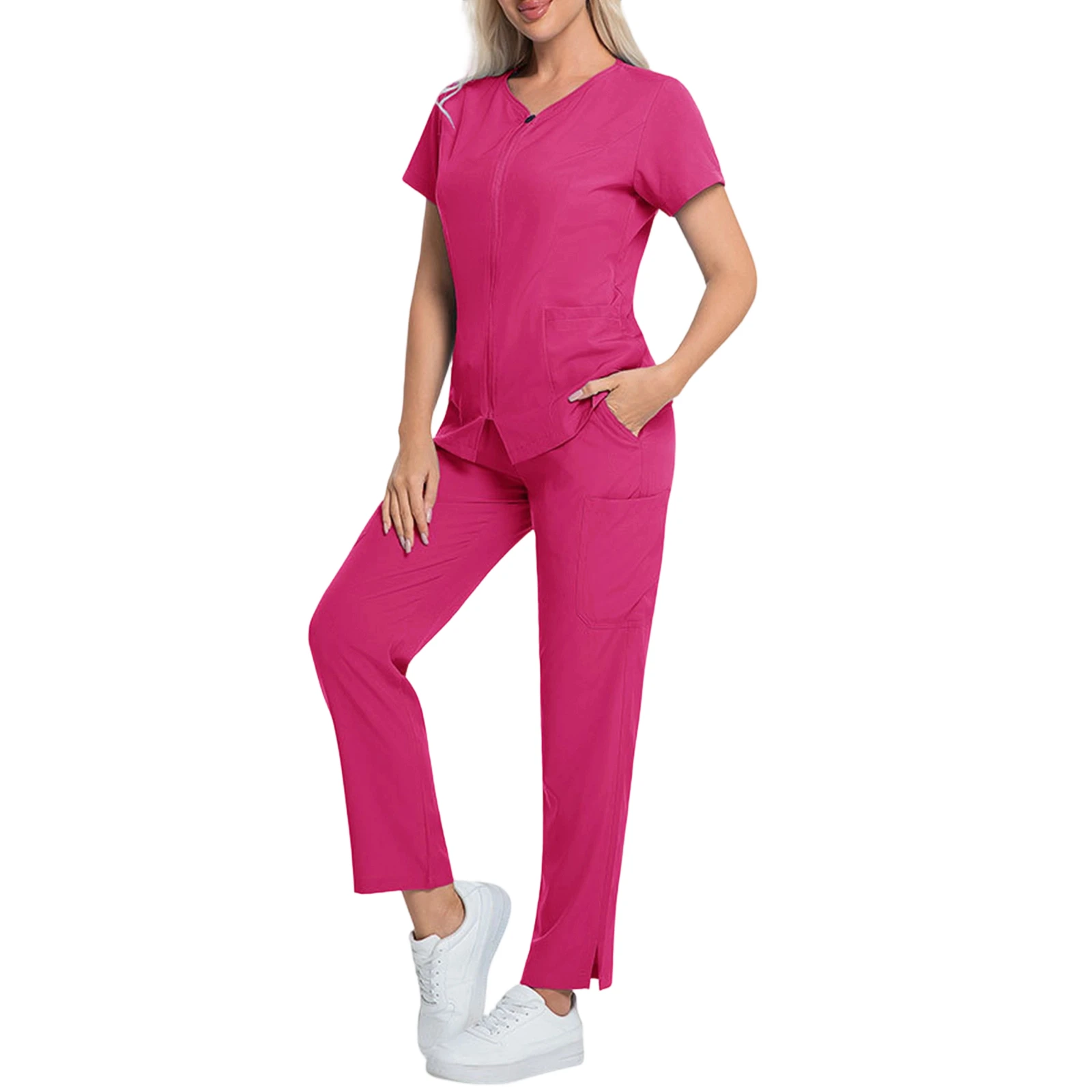 ชุดยูนิฟอร์มพยาบาลหญิง คอวี แขนสั้น ซิป หลายกระเป๋า สีพื้น ชุดทำงานทางการแพทย์ ชุดทำงานด้านสุขภาพ ชุดยอดนิยม