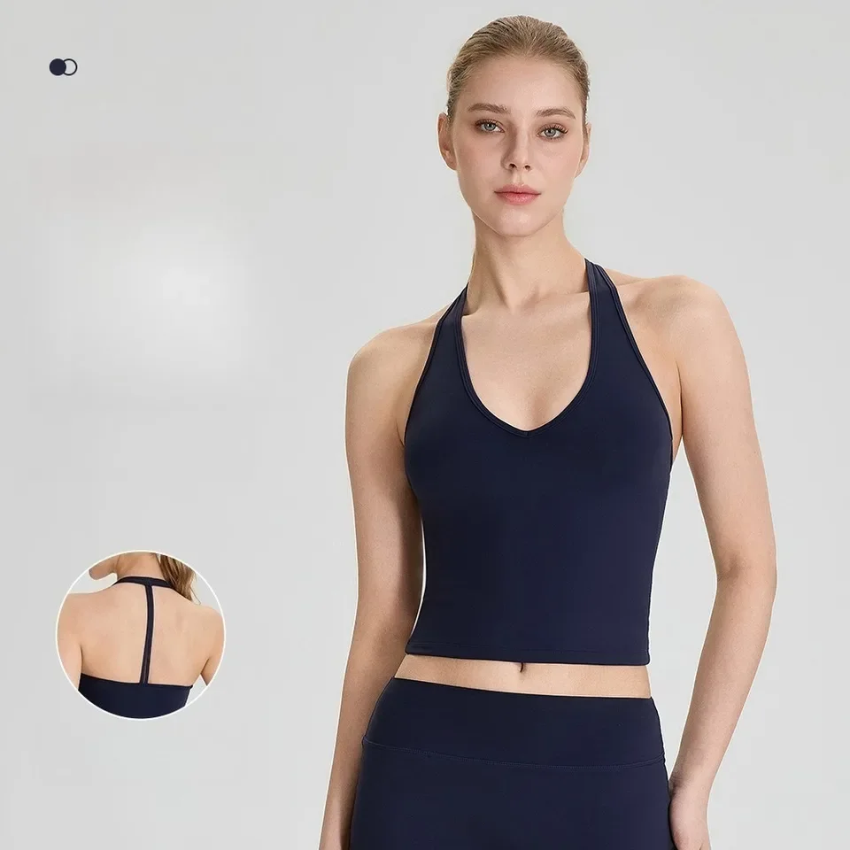 

Women Halter Neck Padded Yoga Vest Sleeveless Pilates Sports Top Breathable Running Fitness Tank Top