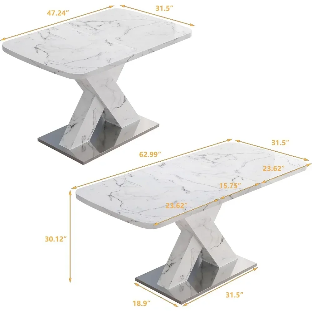 Moderne langwerpige witte imitatie marmeren eettafel, rechthoekige keukeneettafel met tafelblad en X-vormige tafelpoten