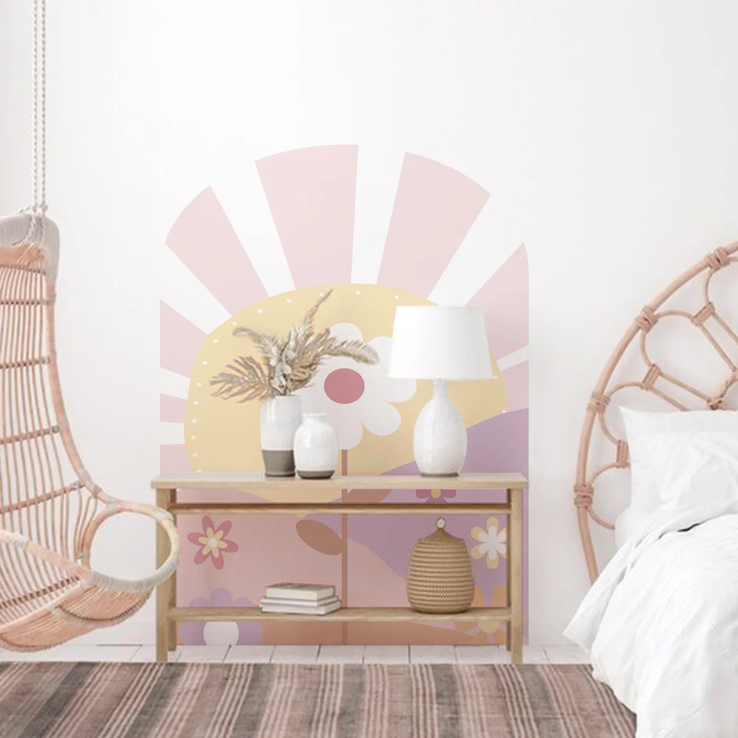 Art Pink Arch Daisy Self-Adhesive Wall Decals for Nursery Girl Room Kids Rooms Colorful Decorative Wall Stickers Living Room
