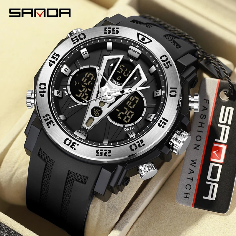 

SANDA 6105 New Top Luxury LED Men Watches Dual Display Man Watch Military Chronograph 50M Waterproof Outdoors Sport Wristwatch