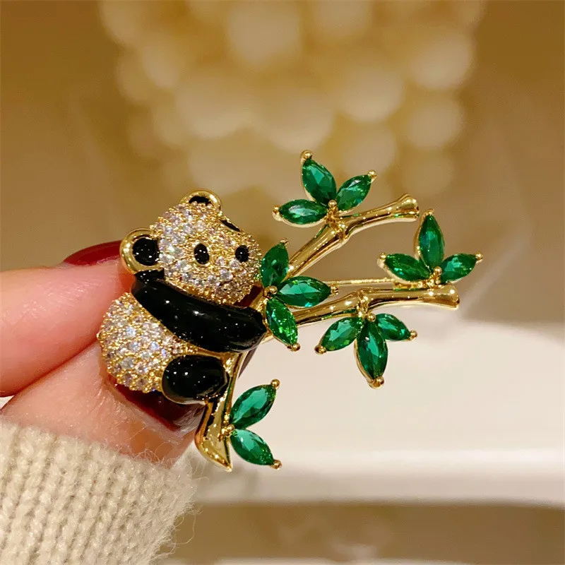 CC Vintage Brooches Cute Panda Bamboo Design Cheongsam Pins Chinese Style Corsage Zirconia Sweater Pin Unisex Jewelry Gift B166
