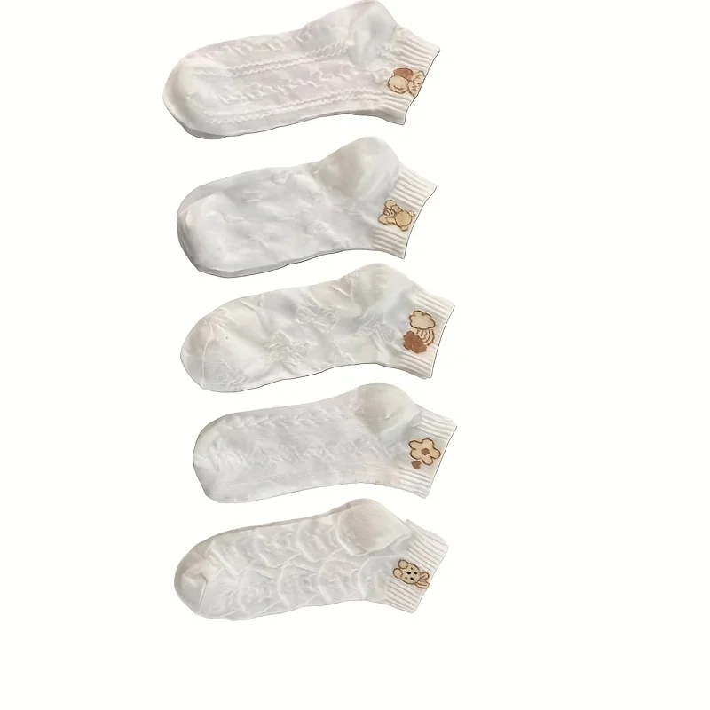 5 أزواج من جوارب الكاحل بنمط الرسوم المتحركة، جوارب لطيفة ومطرزة منخفضة القطع للنساء