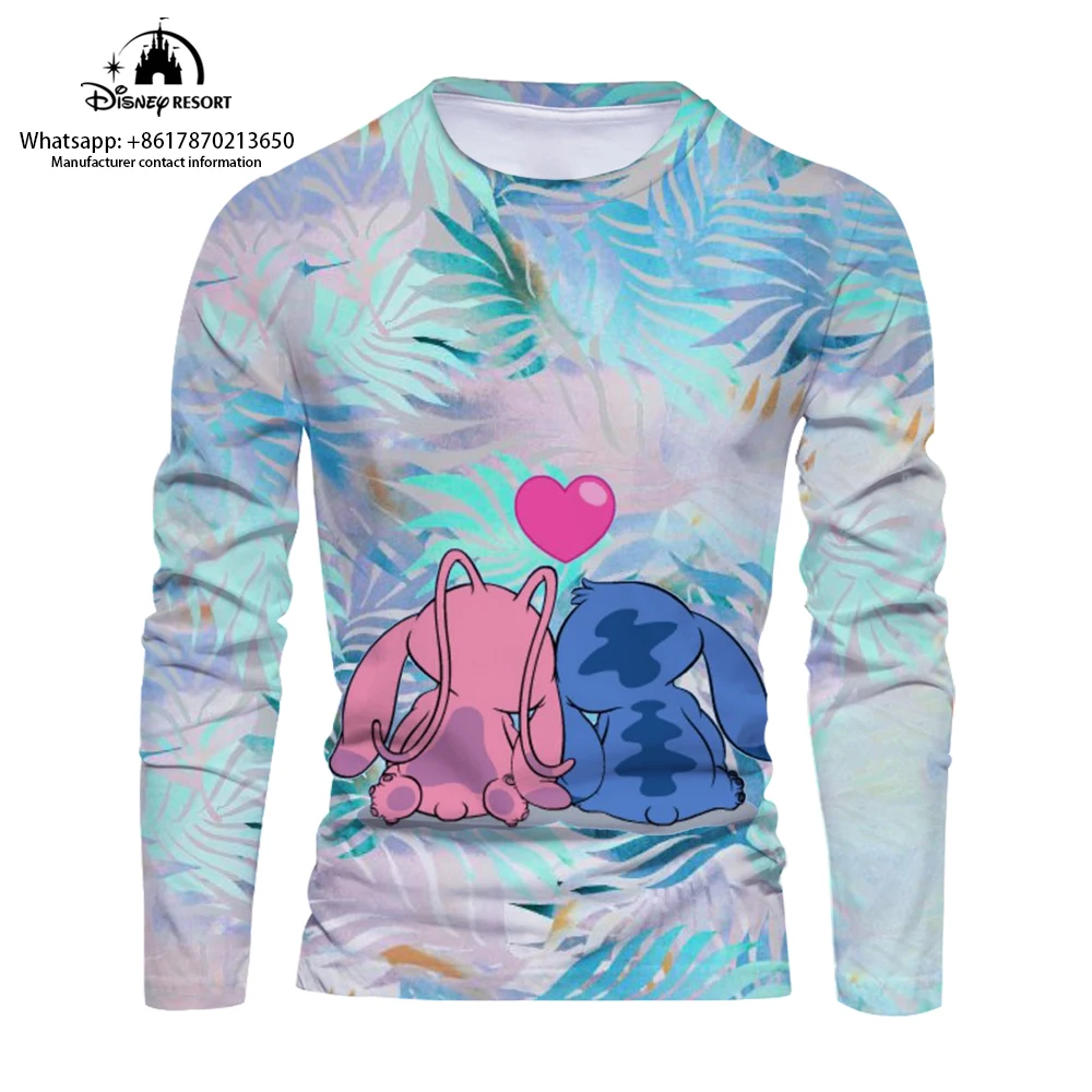 

Cartoon 3D comfortable men's long-sleeved T-shirt 2024 new fashion casual men's bottoming shirt cute Stitch T-shirt