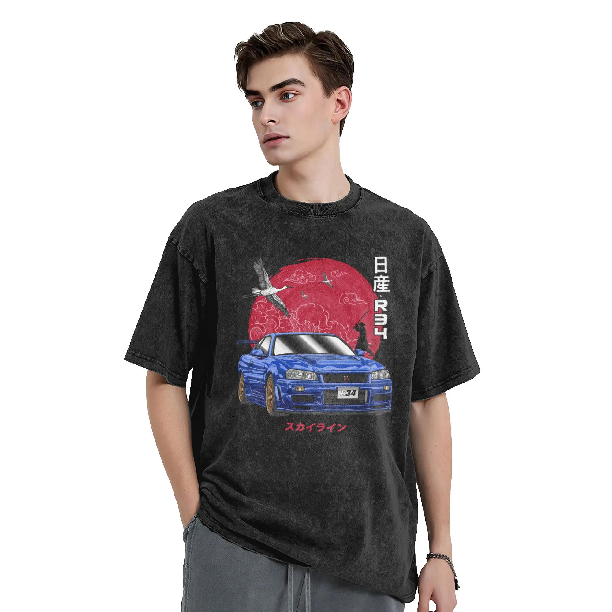 Initial D GT-R R34 Vintage Washed T-Shirt for Men Women Cool 100% Cotton Tee Shirt Crew Neck Short Sleeve T Shirt Printing Tops