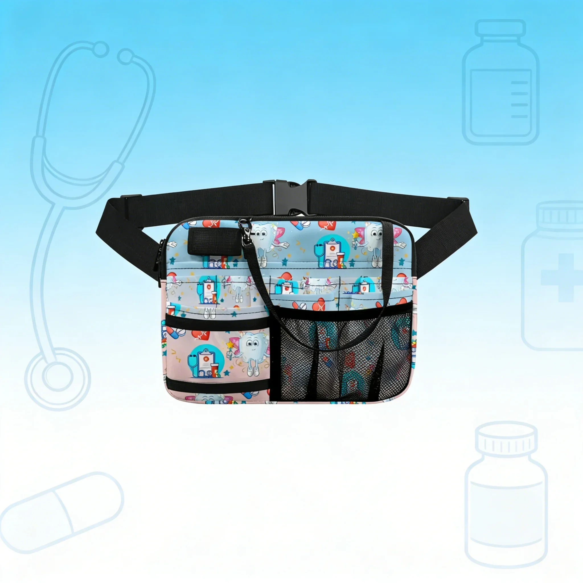 Cute Cartoon Medical Waist Pack with Teeth & Stethoscope Print Multi-Pocket Utility Fanny Pack for Nurse Doctor Student Travel