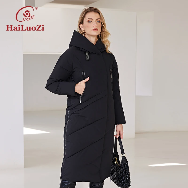 

HaiLuoZi 2022 New Arrival Winter Women's Jackets Long Thick Bio Cotton Big Pocket Hood Zipper Female Casual Parkas Women Coat 23