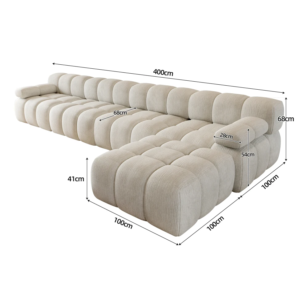 Divano angolare a forma di L, lungo 400 cm, con struttura in schiuma e senza elementi di supporto, ideale per creare un ambiente confortevole e funzionale in casa. Non richiede montaggio. Divano da