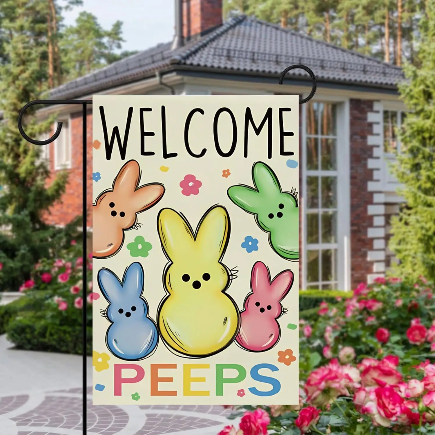 Easter Welcome Peeps Garden Flag - 12x18 Inch Double Sided Outdoor Garden Yard Flag with Bunny Rabbit and Easter Egg Design, ZZM