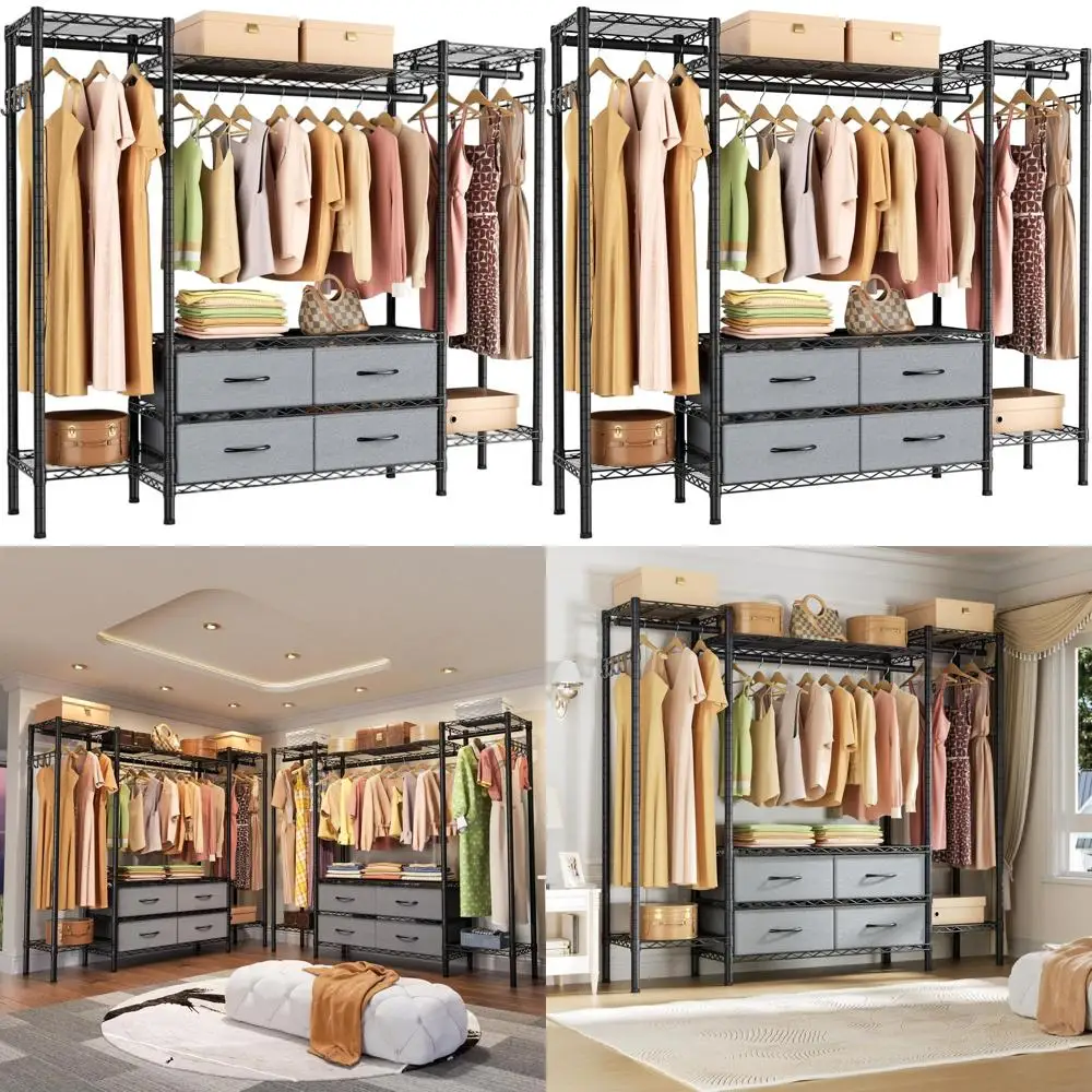 

Прочная металлическая вешалка для одежды с регулируемыми полками и штангами для хранения большой вместимости