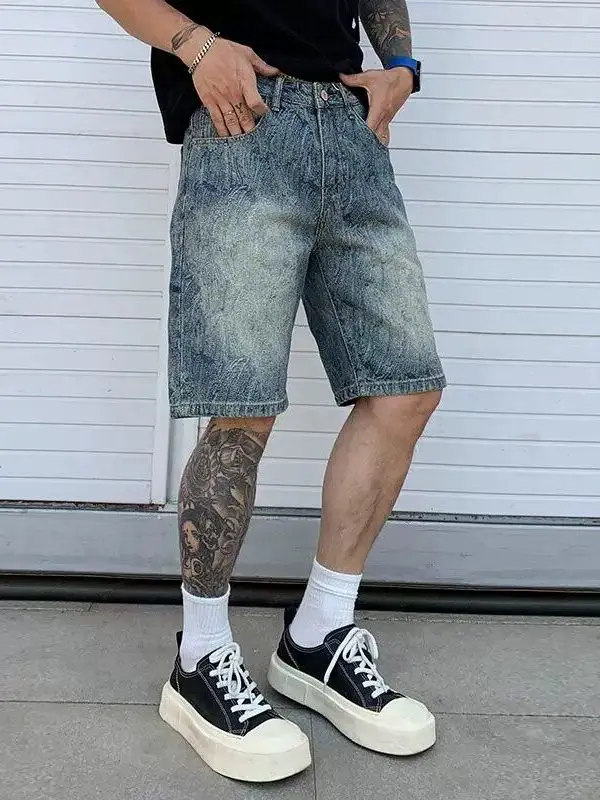Shorts Jeans Retrô Americanos Estilo Casual Vintage com Corte Reto Solto e Cintura Média para Homens e Mulheres